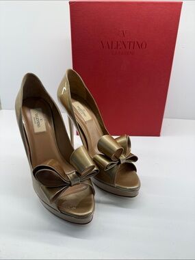 Valentino Women’s Metallic Gold Patent Leather Bow Peep-Toe Heels